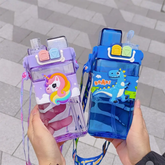 Cartoon Water Bottle with Adjustable Strap – Cute Double Drinking Straw Cup | Leak-Proof, Portable Tumbler – 520ML –Perfect for School & Outdoor Fun (Purple)